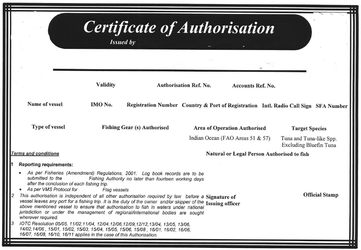 Information for MCS purposes: authorisation templates & samples  IOTC Pertaining To Certificate Of Authorization Template